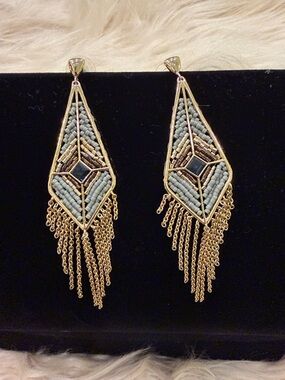 Stella & Dot Gold-Tone Fringe Earrings with Gray Bead Inlay